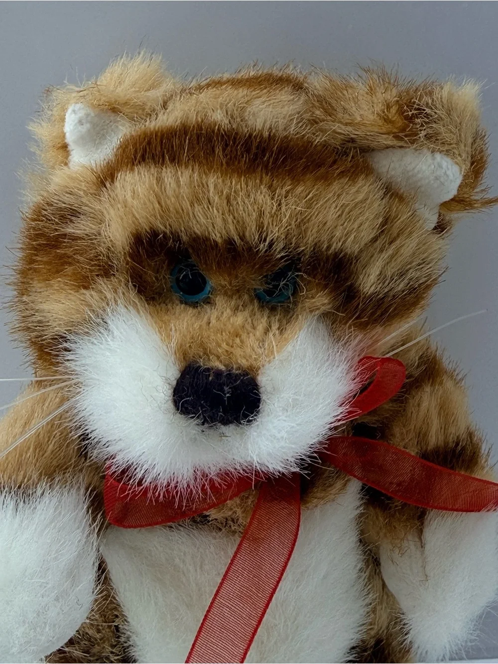 Boyds Bears Brown and White Striped Plush Cat with Red Ribbon